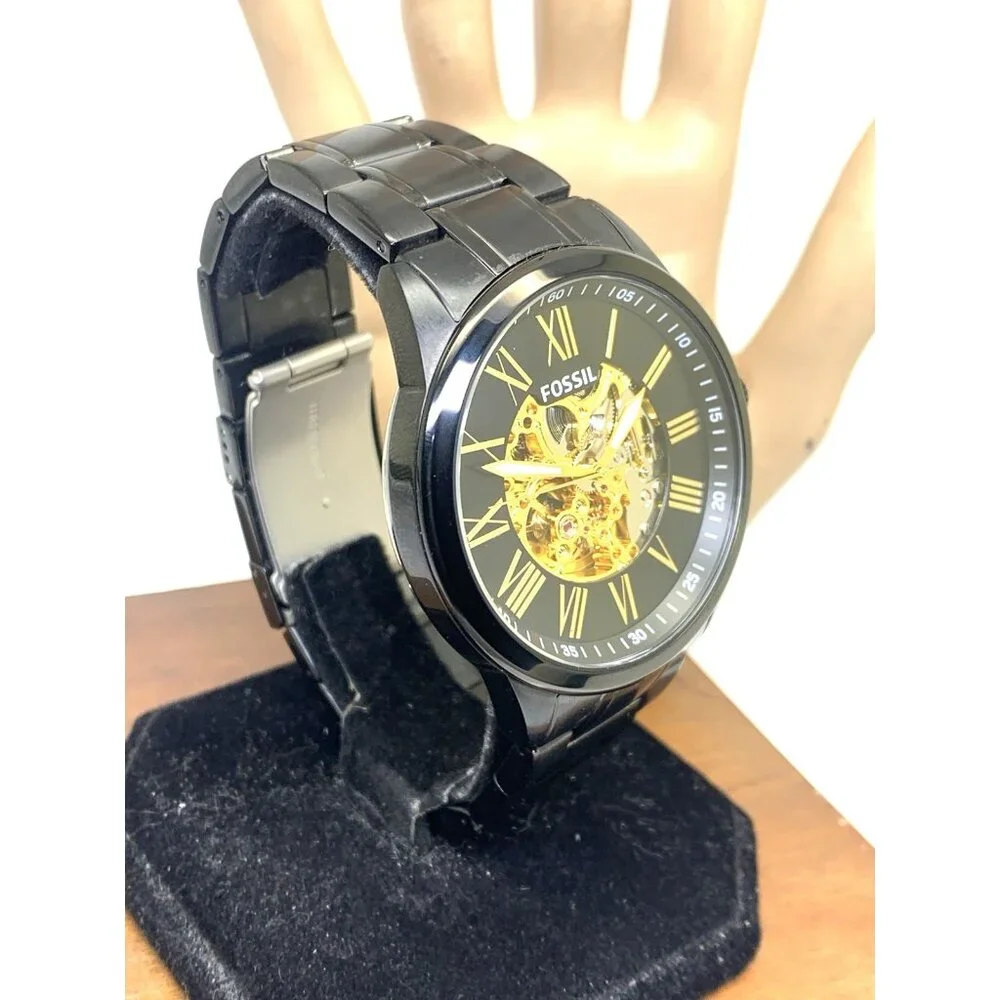 Fossil Men's Watch BQ2092 Flynn Automatic Gold Black Dial Stainless Steel 48mm